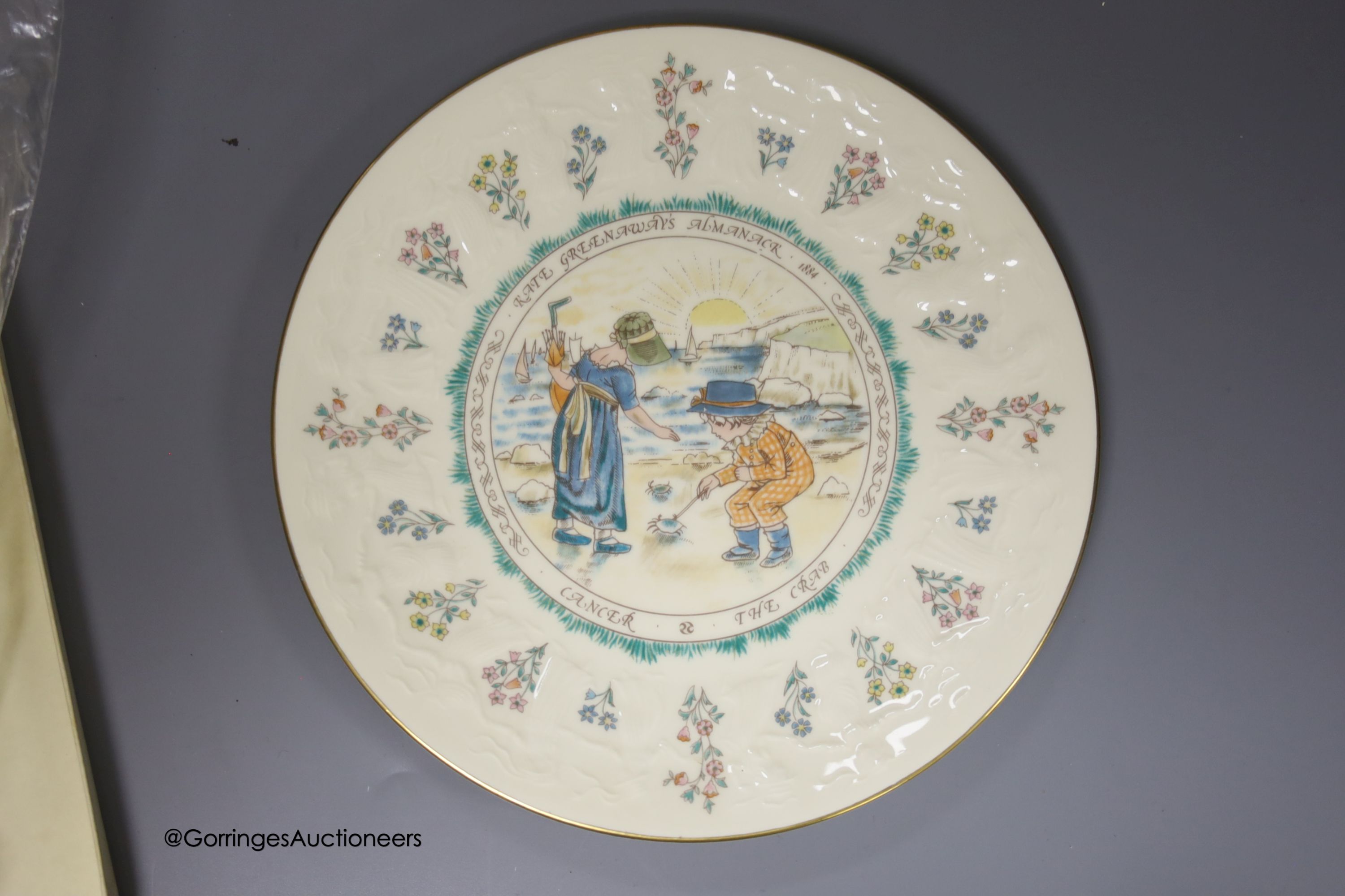 A Doulton & Rix Patent spill vase, 15cm, a Doulton Faience vase, and a Doulton Kate Greenaway almanack plate, boxed